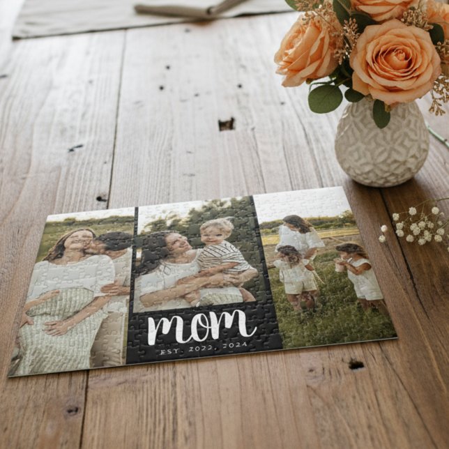 Mom Established Script Black 3 Photo Jigsaw Puzzle (modern 3 photo black and white script mom established puzzle gift for mom on Mother's Day Christmas)