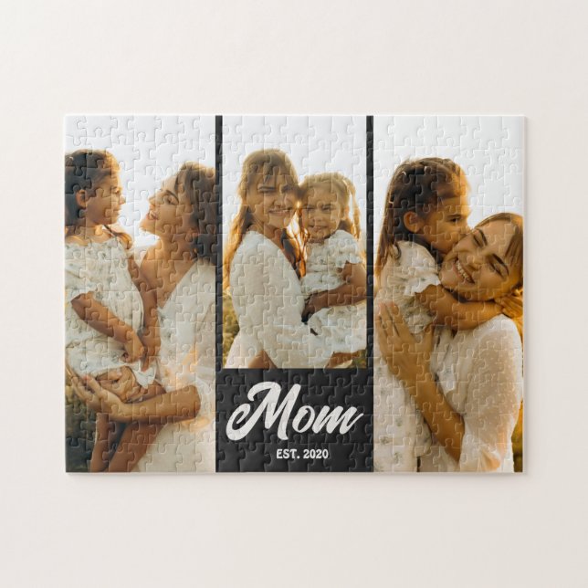 Mom Established Script Black 3 Photo Jigsaw Puzzle (Horizontal)