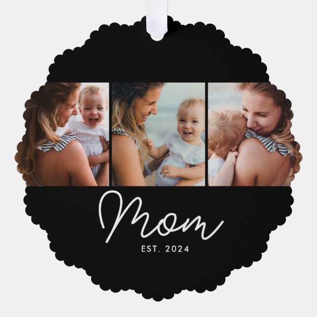 Mom Established Script Black 3 Photo Ornament Card (Front)