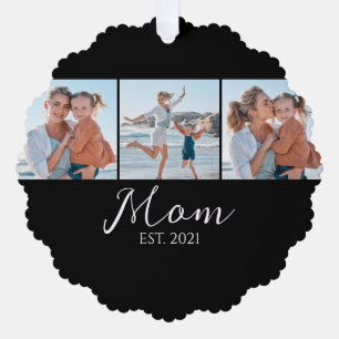 Mom Established Script Black 3 Photo Ornament Card