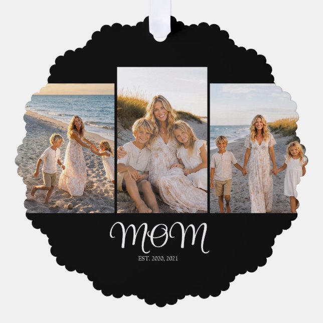 Mom Established Script Black 3 Photo Ornament Card (Front)