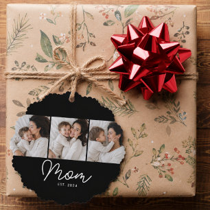 Mom Established Script Black 3 Photo Ornament Card