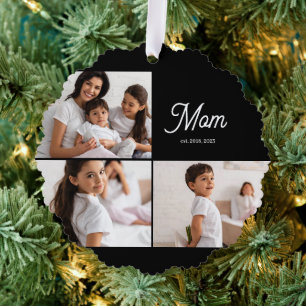 Mom Established Script Black 3 Photo Ornament Card