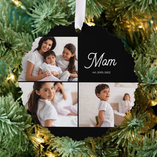 Mom Established Script Black 3 Photo Ornament Card (Insitu (Tree))