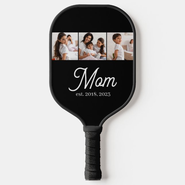 Mom Established Script Black 3 Photo Pickleball Paddle (Front)