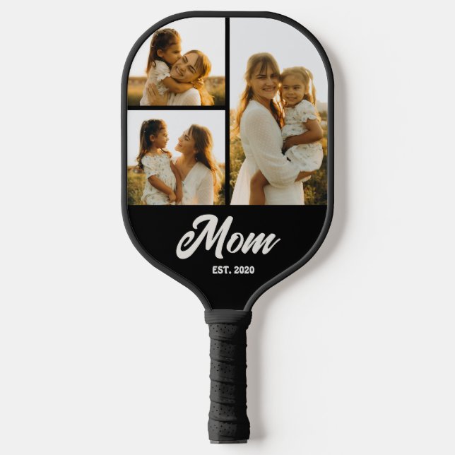 Mom Established Script Black 3 Photo Pickleball Paddle (Front)