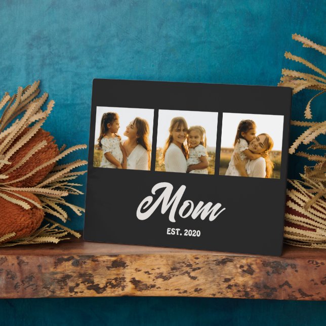 Mom Established Script Black 3 Photo Plaque (Side)