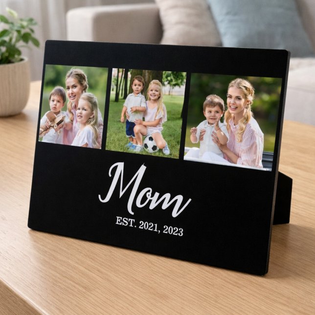 Mom Established Script Black 3 Photo Plaque (Creator Uploaded)