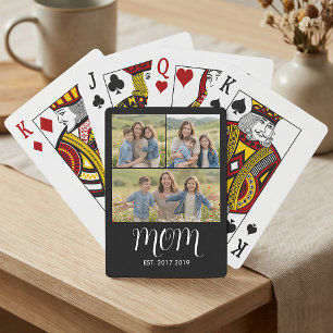 Mom Established Script Black 3 Photo Playing Cards