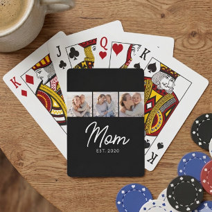 Mom Established Script Black 3 Photo Playing Cards