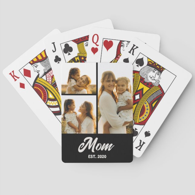 Mom Established Script Black 3 Photo Playing Cards (Back)
