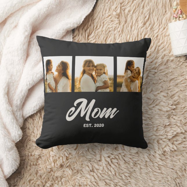 Mom Established Script Black 3 Photo Throw Pillow (Blanket)