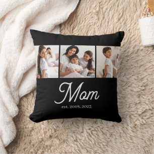 Mom Established Script Black 3 Photo Throw Pillow