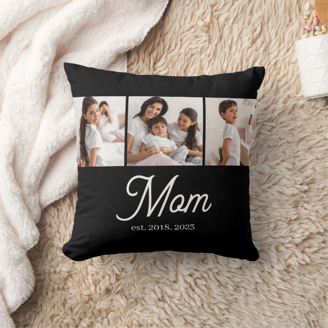 Mom Established Script Black 3 Photo Throw Pillow (Blanket)