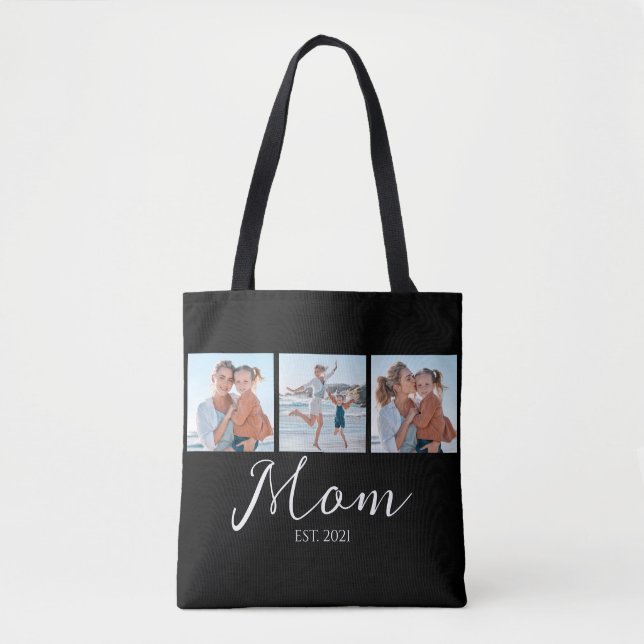 Mom Established Script Black 3 Photo Tote Bag (Front)