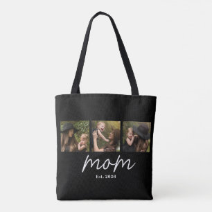 Mom Established Script Black 3 Photo Tote Bag
