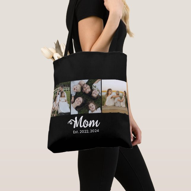 Mom Established Script Black 3 Photo Tote Bag (Close Up)