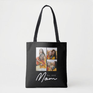 Mom Established Script Black 3 Photo Tote Bag