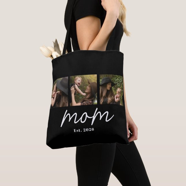 Mom Established Script Black 3 Photo Tote Bag (Close Up)