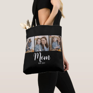 Mom Established Script Black 3 Photo Tote Bag