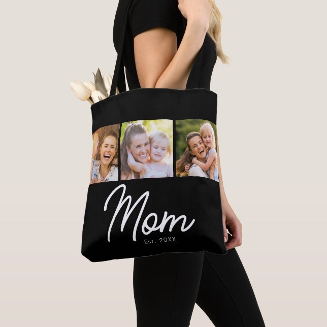 Mom Established Script Black 3 Photo Tote Bag (Close Up)