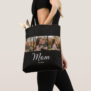 Mom Established Script Black 3 Photo Tote Bag