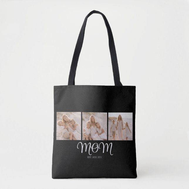 Mom Established Script Black 3 Photo Tote Bag (Front)