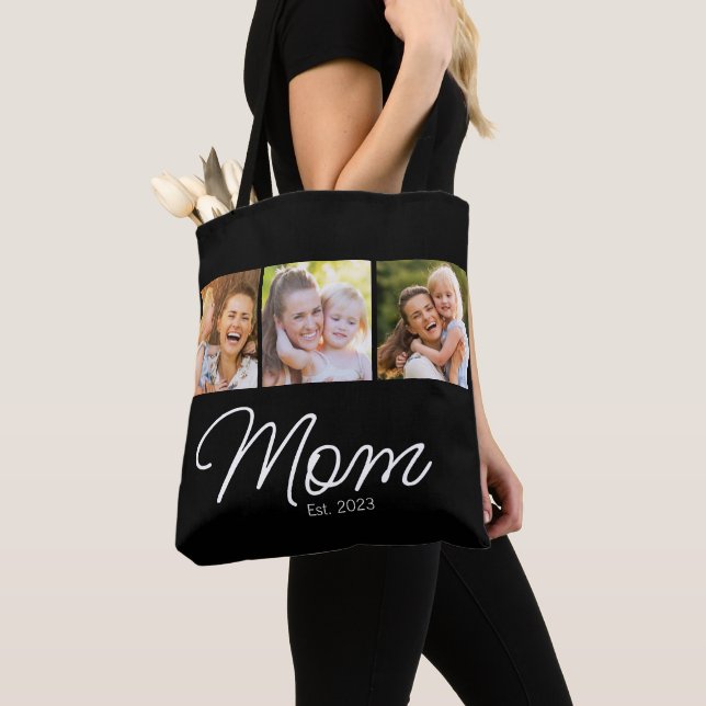 Mom Established Script Black 3 Photo Tote Bag (Close Up)
