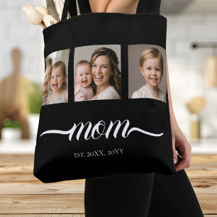 Mom Established Script Black 3 Photo Tote Bag