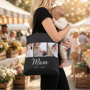 Mom Established Script Black 3 Photo Tote Bag
