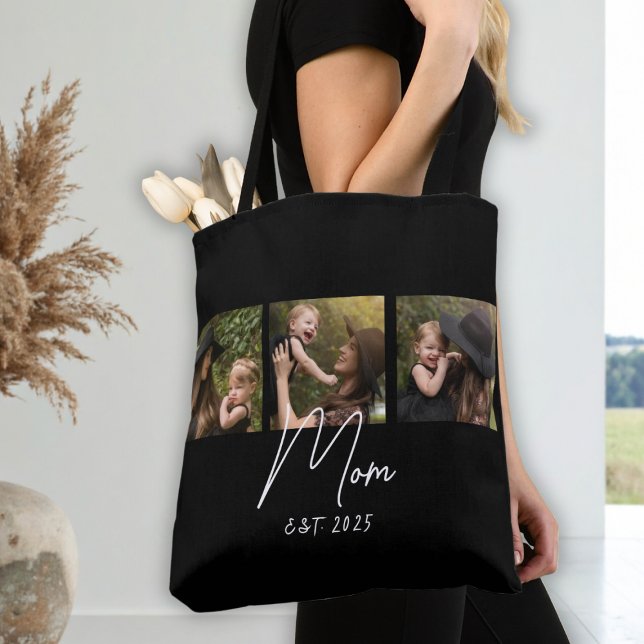 Mom Established Script Black 3 Photo Tote Bag (Creator Uploaded)