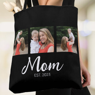 Mom Established Script Black 3 Photo Tote Bag