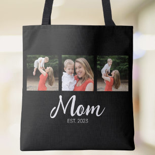 Mom Established Script Black 3 Photo Tote Bag