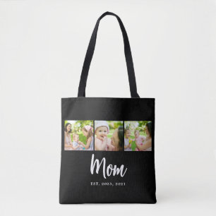Mom Established Script Black 3 Photo Tote Bag