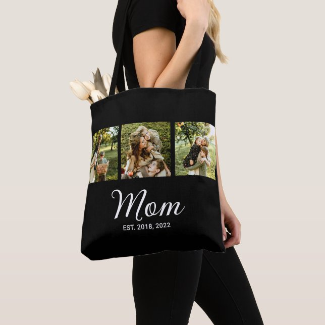 Mom Established Script Black 3 Photo Tote Bag (Close Up)