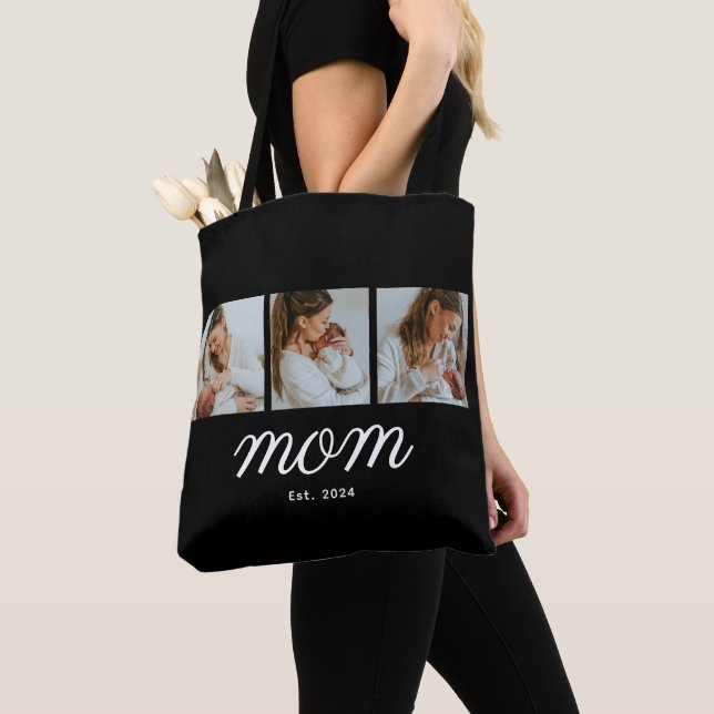Mom Established Script Black 3 Photo Tote Bag (Close Up)