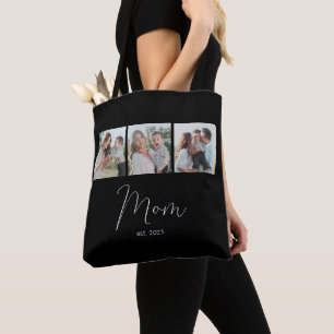 Mom Established Script Black 3 Photo Tote Bag