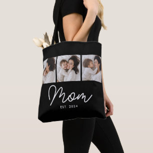 Mom Established Script Black 3 Photo Tote Bag
