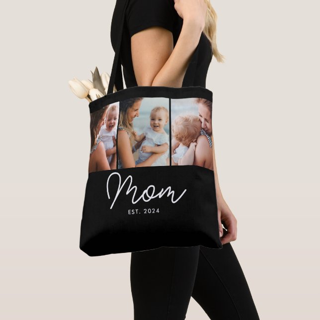 Mom Established Script Black 3 Photo Tote Bag (Close Up)