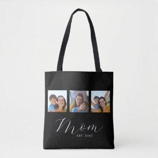 Mom Established Script Black 3 Photo Tote Bag