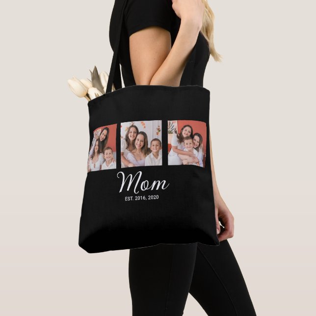 Mom Established Script Black 3 Photo Tote Bag (Close Up)
