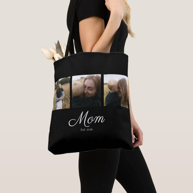 Mom Established Script Black 3 Photo Tote Bag (Close Up)