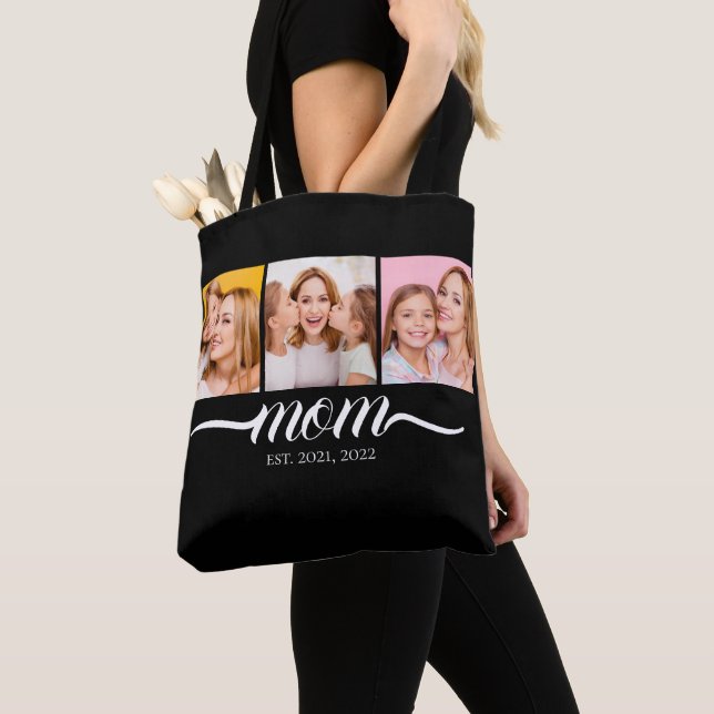 Mom Established Script Black 3 Photo Tote Bag (Close Up)