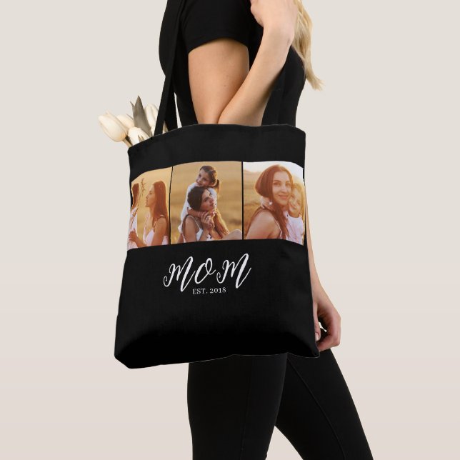 Mom Established Script Black 3 Photo Tote Bag (Close Up)