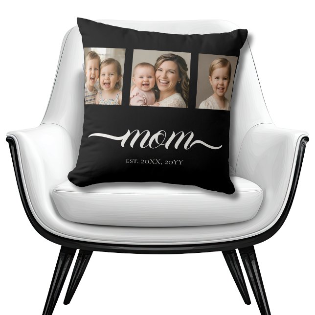 Mom Established Script Black 3 Photo Tote Bag Throw Pillow (Creator Uploaded)