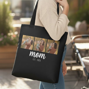 Mom Established Script Black 3 Photos Tote Bag
