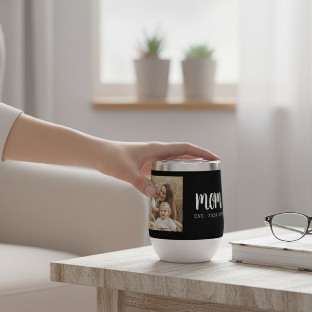 Mom Established Script Black Photo (modern script mom custom established dates with photo for mother's day or christmas gift for new mom)