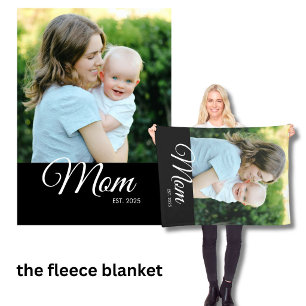 Mom Established Script Black Photo Gift Fleece Blanket