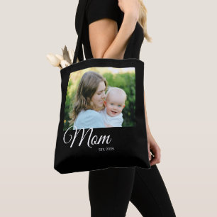 Mom Established Script Black Photo Gift Tote Bag