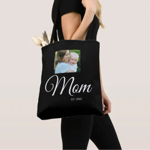 Mom Established Script Black Photo Gift Tote Bag